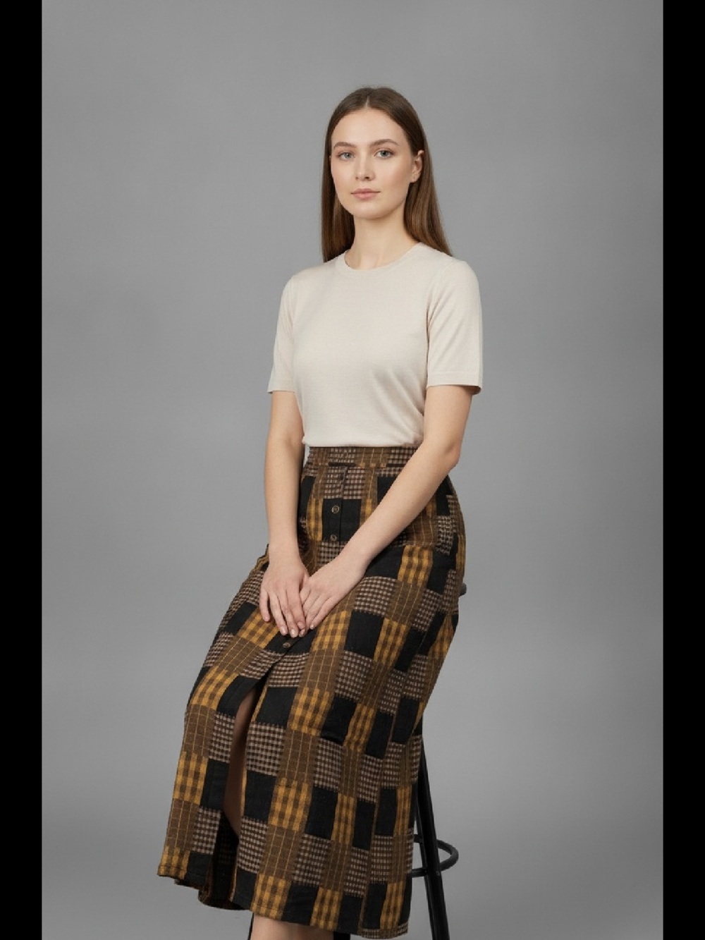 MYSTREE PLAID MAXI MIDI SKIRT BLACK BROWN